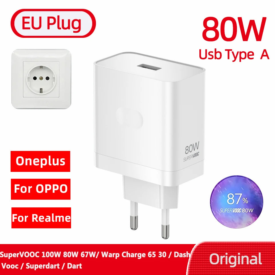 Original Oneplus Charger SuperVOOC 100W Type-A Power Adapter EU 80W Super Fast Type C Cable One Plus 13 12 11 10 Pro Nord CE 3 5