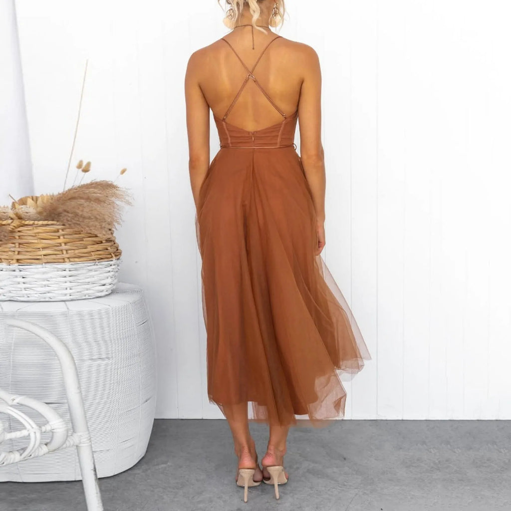 Elegant Midi Wrap A-Line Dress Women Spaghetti Strap 2025 High Waist Tulle Evening Dress Backless Sexy Party Dresses