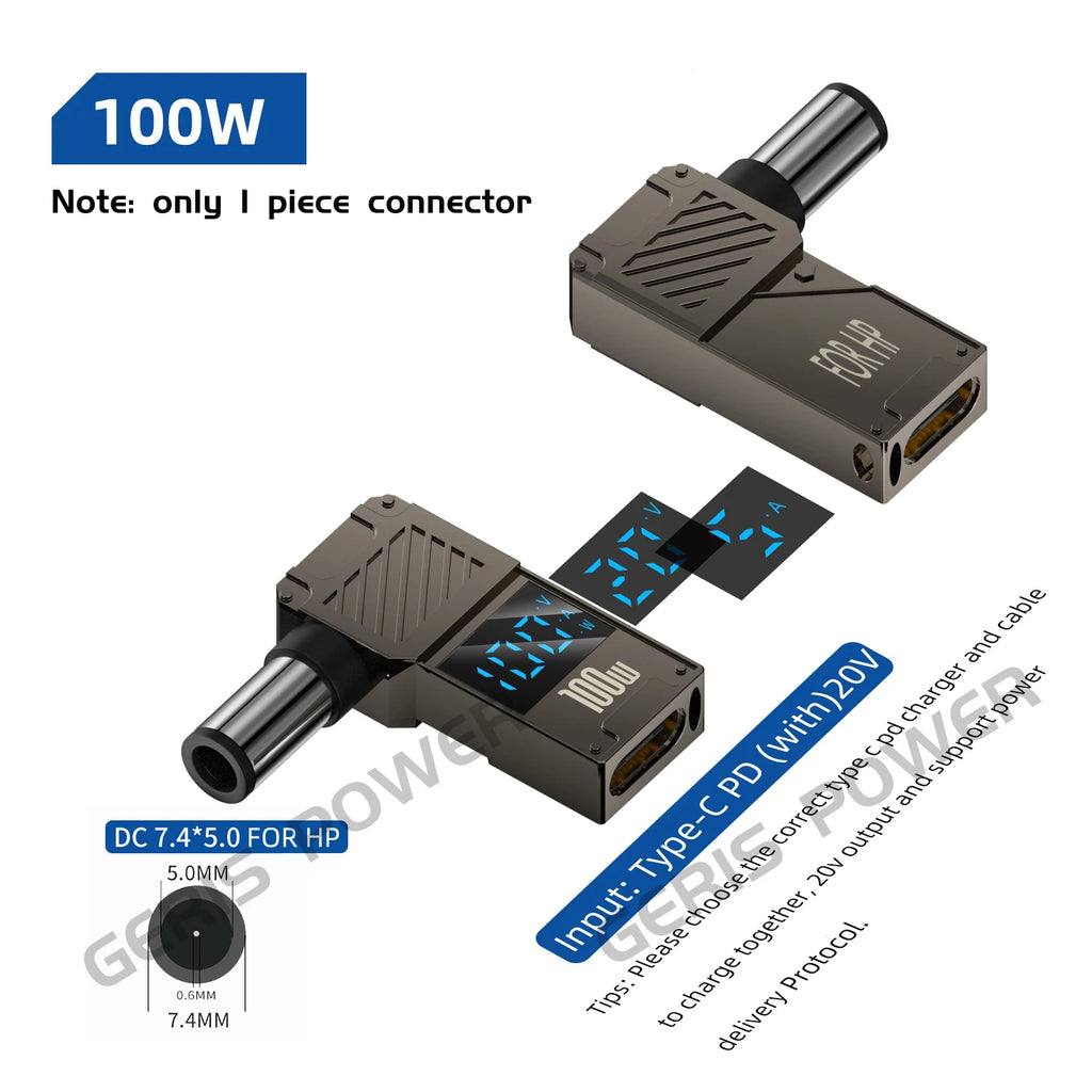 LED Display PD 100W Laptop Power Supply Adapter Charger Connector USB Type C PD to DC Jack Plug Converter for Lenovo Hp Dell