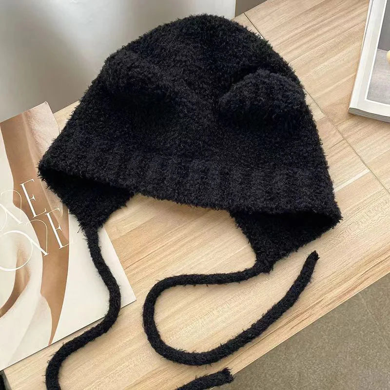 Cute Girl Knit Ear Protection Hat Bear Women Earmuffs Cap Woolen Crochet Bonnet Solid Color Hood Beanies Winter Warm Headgear