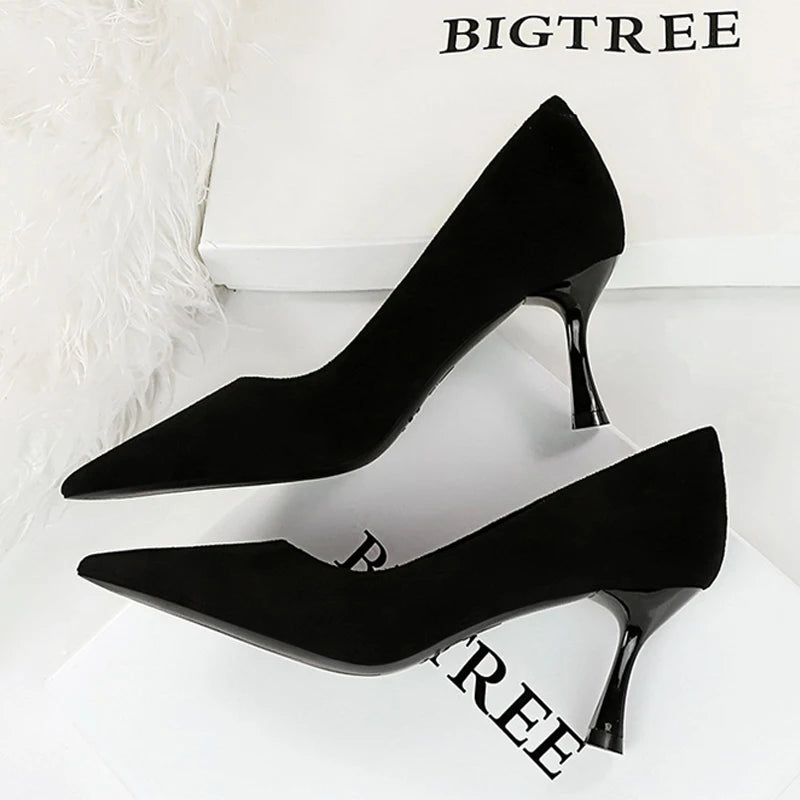 BIGTREE Shoes Suede Black Women Pumps Wine Glasses And High Heels Pointed Toe Women Heels 7 Cm 10cm Ladies Shoes Office Shoes