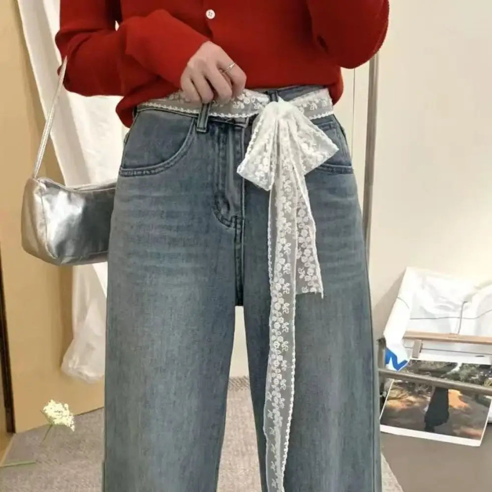 Unique Y2k Long Lace Waistband Bow Thin Lace Waist Belt Tie Up Floral Dress Jeans Belt Summer