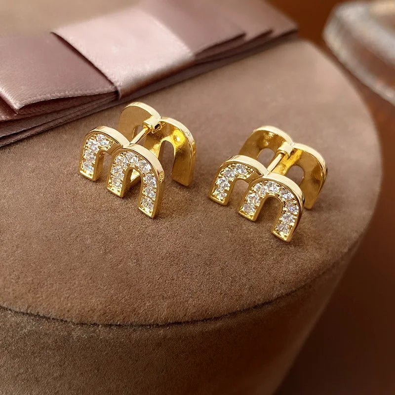 Double-sided Zircon Dripping M Letter Light Luxury High-end Hoop Earrings French Personality DesignTemperament Earring K