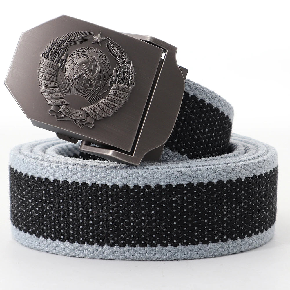 Mens Canvas Outdoor Tactical Army Belt 3D Soviet National Emblem Metal Buckle Unisex Jeans Belt for Men Military Training Belts