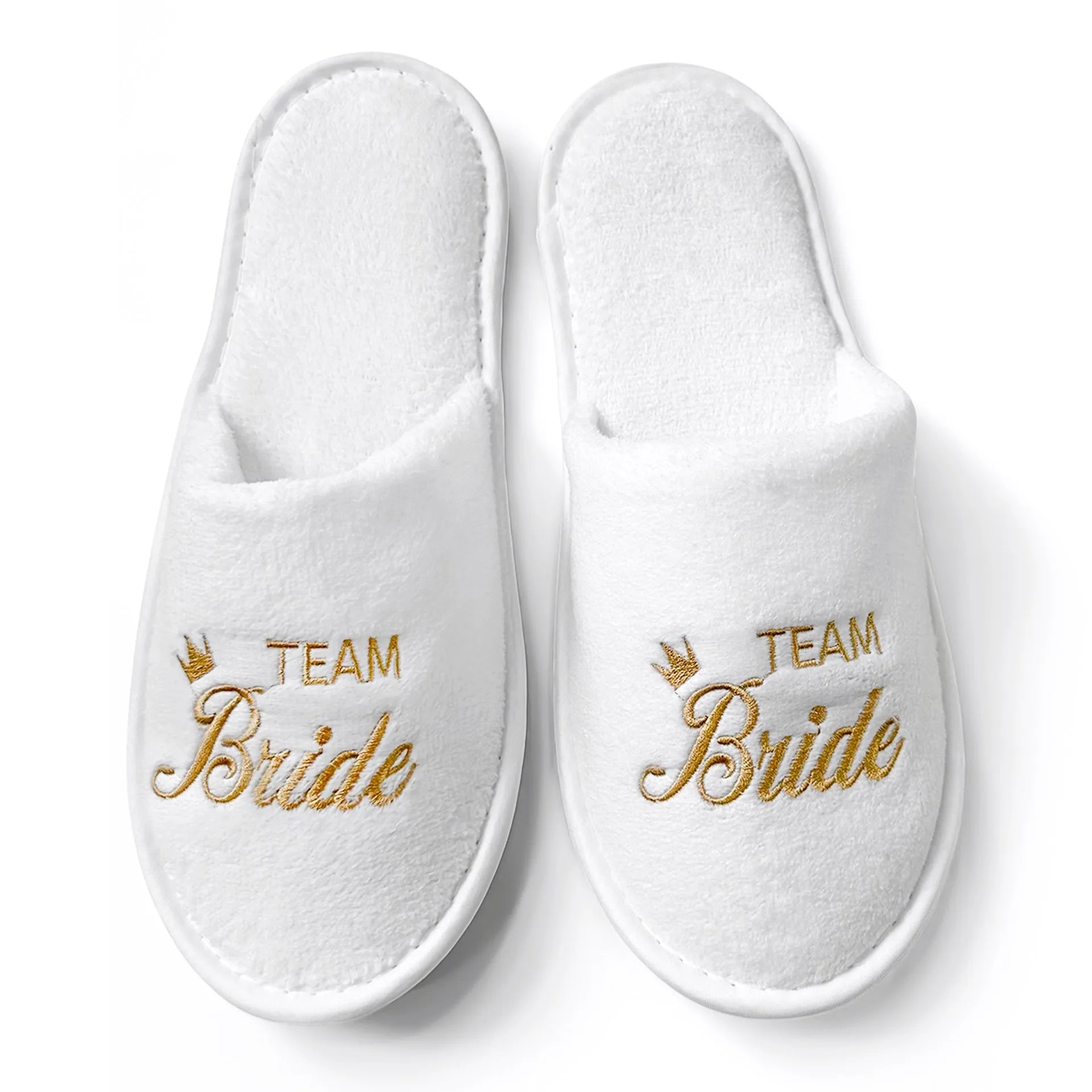Bridal Party Slippers Set, Close-toe With Golden & Pink Embroidery, Lightweight Plush Cozy Flats, Non-slip Soft Sole For Bride