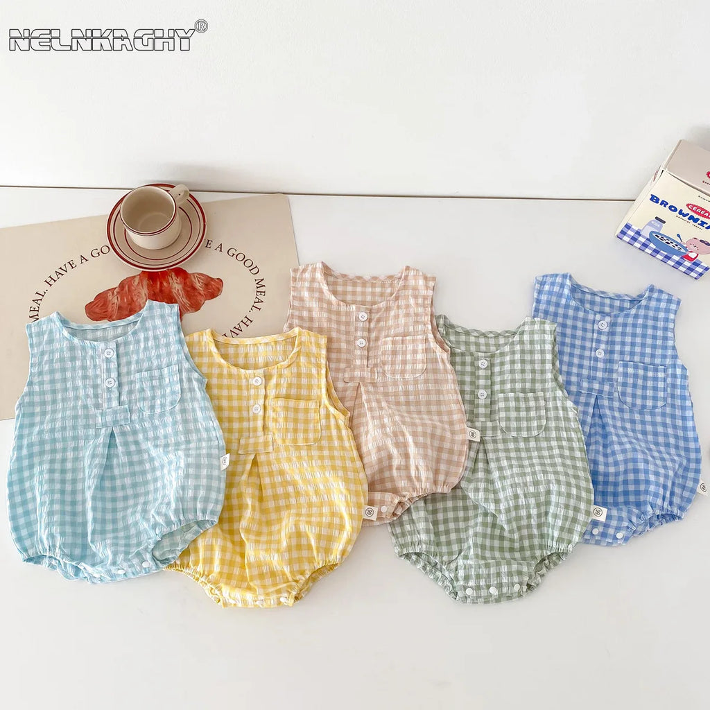 2024 Summer New in Kids Baby Girls Boys Cute Clothing Infant Toddler Plaid Sleeveless Cotton Jumpsuits Newborn Bodysuits 0-24M