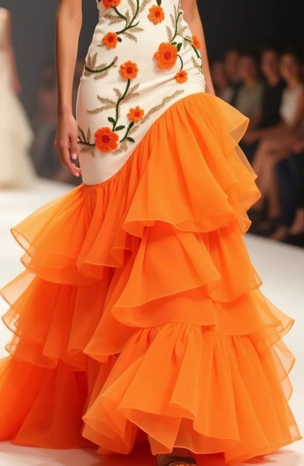 White Orange Floral Halter Mermaid Maxi Dress Sleeveless Bodycon Gown with Tiered Ruffle Hem Elegant Formal Evening Women Dress