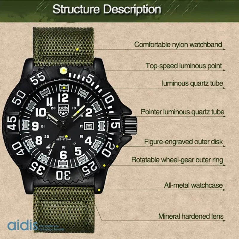 ADDIESDIVE Fashion Men's Analog Watch 50m Waterproof Luminous Tube Nylon Sports Men Military Wristwatches Quartz Watch for Men