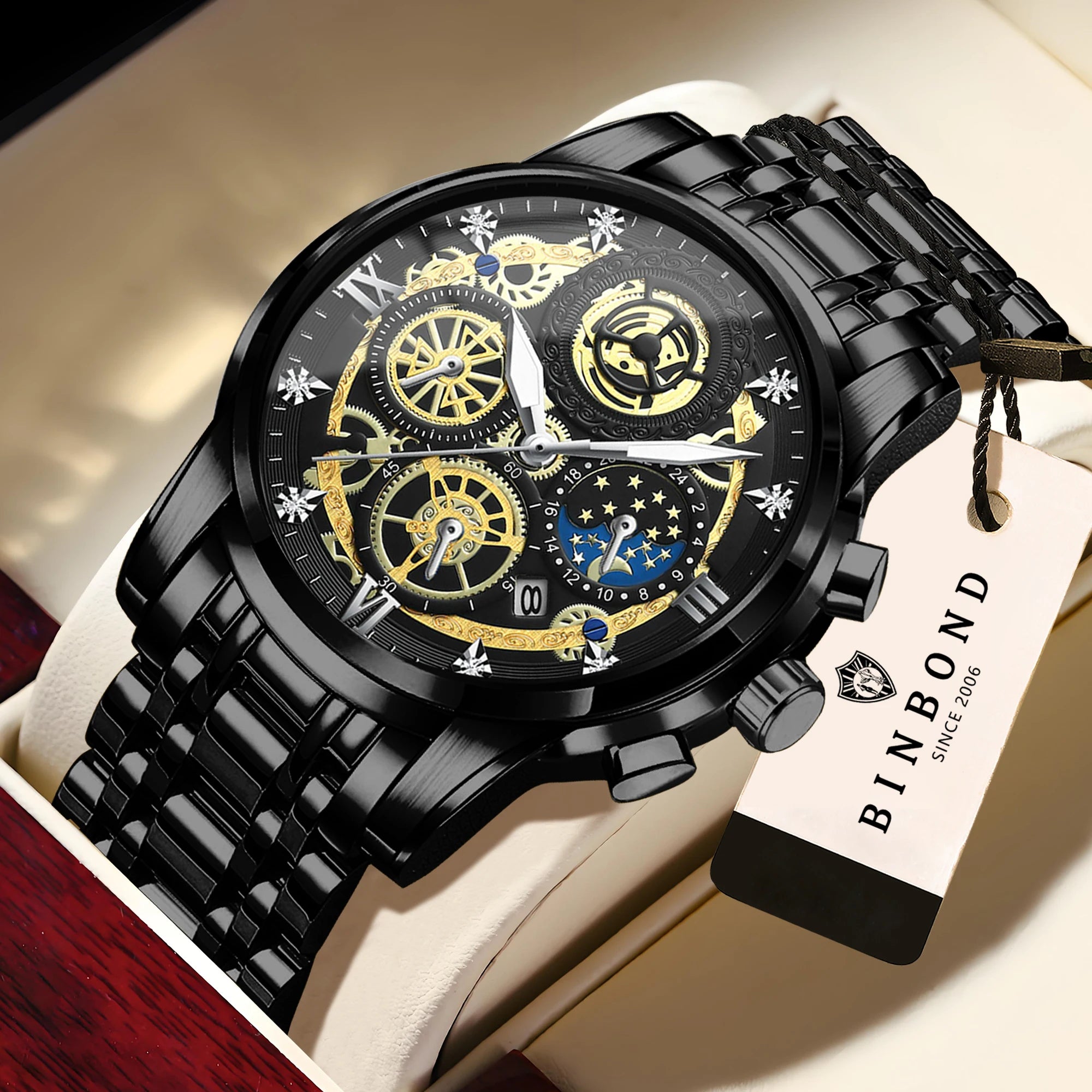 BINBOND Vintage Quartz Watches for Men Luxury Luminous Sturdy Stainless Steel Reloj Waterproof Auto Date Accurate Men's Watch