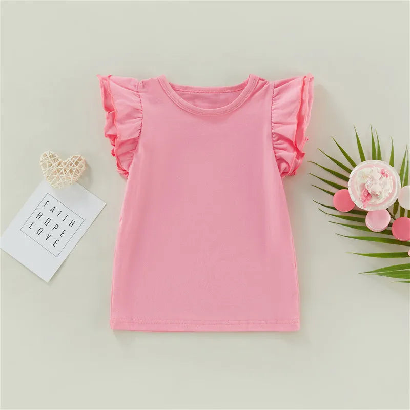 1-6Years Infant Girls T-Shirt Cotton Flying Sleeves T-Shirt For Girls Summer Solid Black White Pink Red Tee Tops