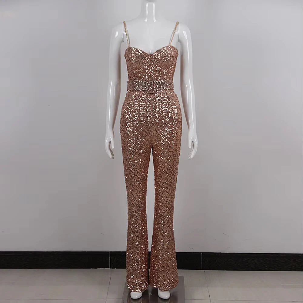 VC Women's Jumpsuits Luxury Gold Sequins Design Birthday Party Clubwear Sleeveless Spaghetti Strap Jumpsuits With Belt