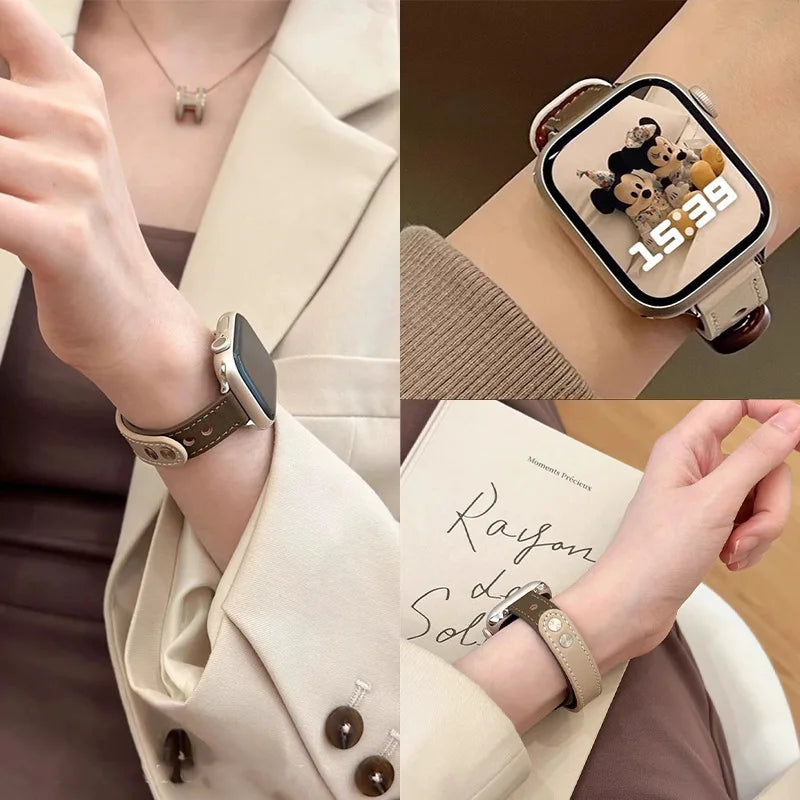 Thin Leather Strap for Apple Watch Band 10 9 8 46mm 42mm 41mm 44mm 45mm 38/40mm Women Watchband Bracelet Belt iWatch 7 SE 6 5 4