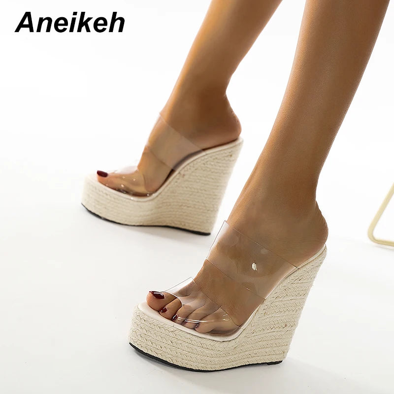 Aneikeh 2025 Summer Women Shoes Slippers Slides PVC Concise Platform Wedges Slip-On Party Round Toe Size 35-42 White