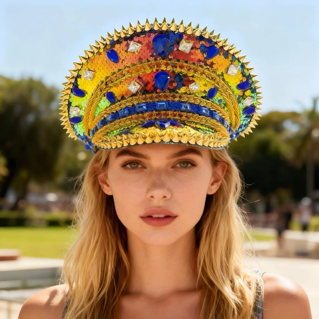 HongLuan Blue Steampunk Captain Hat Rhinestone for Burning Man Festival Woman, Vintage Military Accessories & Military Cap Man