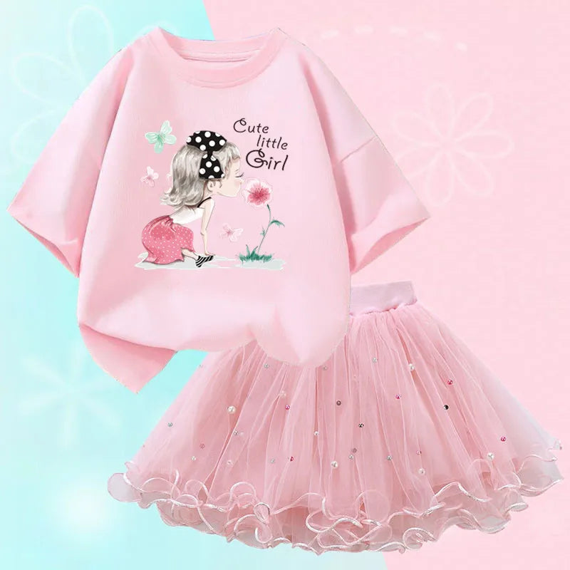 Fashion Summer Girls Outfits Pretty Ballet Dance Girl T-shirt and Tutu Skirt Set for Princess Clothes Suit Children Clothing