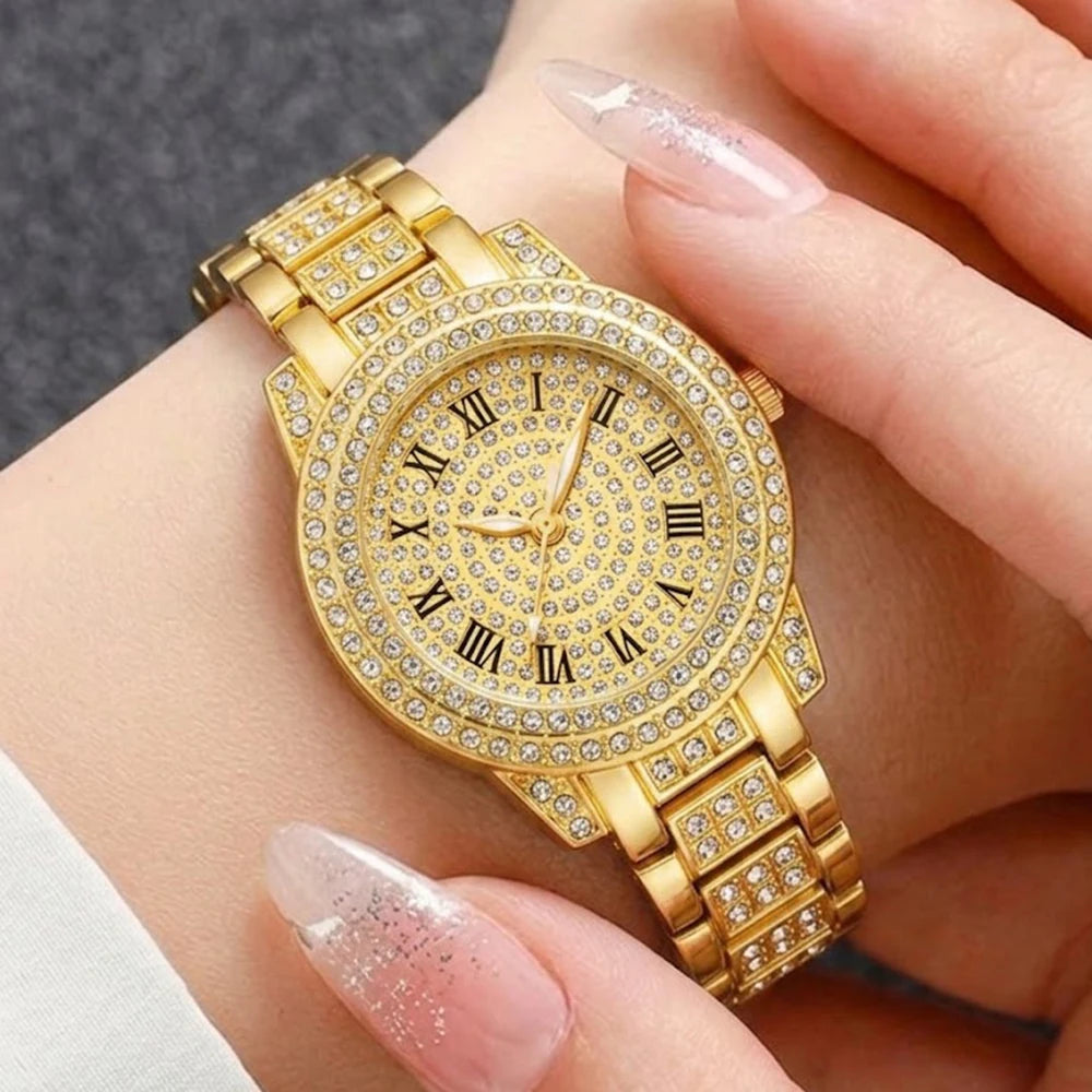 5Pcs/Set Unisex Jewelry Watches Women's Wristwatch Accessories Gold Fashion Business Elegant Classic Exquisite Light Luxury Rhinestone Luxury Bracelet Watch Set Y2K Suitable for Daily Outfits and Our Holiday Gifts