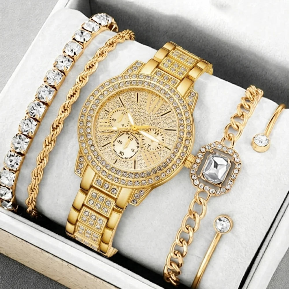 5Pcs/Set Unisex Jewelry Watches Women's Wristwatch Accessories Gold Trendy Fashionable Elegant Classic Exquisite Light Luxury Rhinestone Luxury Round Dial Quartz Watch Set Y2K Suitable for Travel, Parties, Daily Outfits, Perf