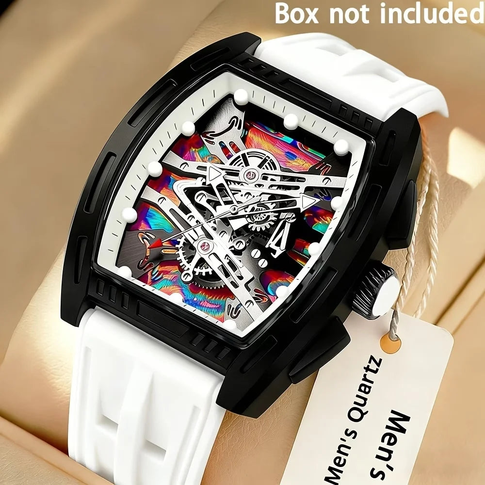 Fashion Tonneau Skeleton Dial Men Quartz Watch Casual Silicone Strap Analog Sport Wristwatches Relogio Masculino（Without Box）