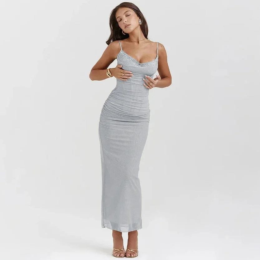 Suninheart Summer Mesh Maxi Dresses for Women 2023 Rose Spaghetti Strap Bodycon Dress Elegant Formal Occasion Dress Female