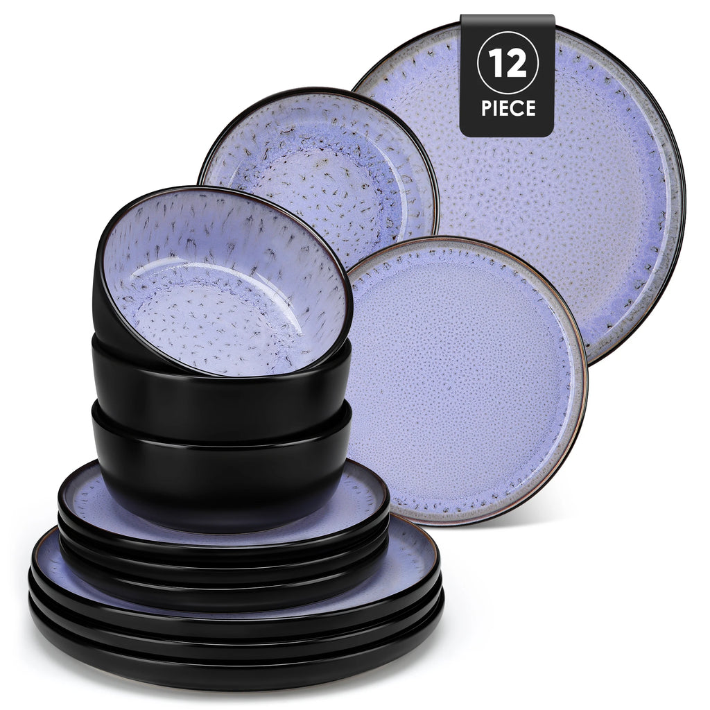 Vancasso AMBER 12/16 Piece Ceramic Dinnerware Set Matte Black Stoneware Plates Set with 4/6 Pcs Dinner Plate/Dessert/Bowl/Soup