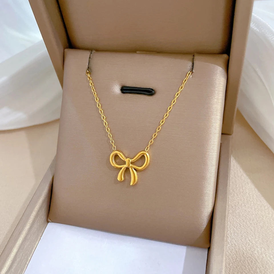 Yupsk Simple Korean Fashion Stainless Steel Bowknot Necklace for Women Delicate Bow Tie Charm Choker Necklaces Girls Gift