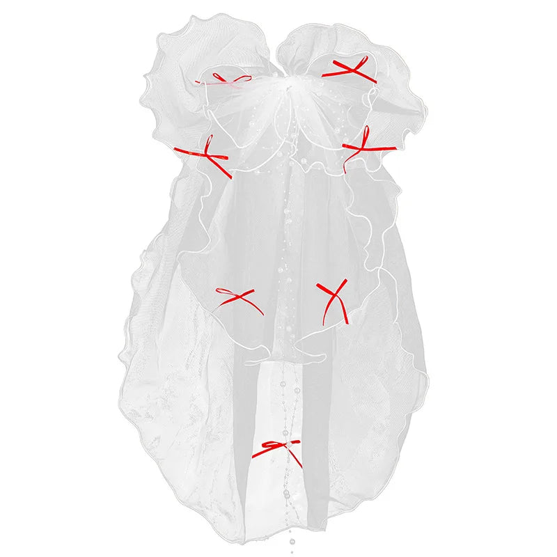 Double Layer Mesh Tulle Solid Color Women Short Wedding Veil with Clip Ribbon Edge Center Cascade Bride Headpiece Party