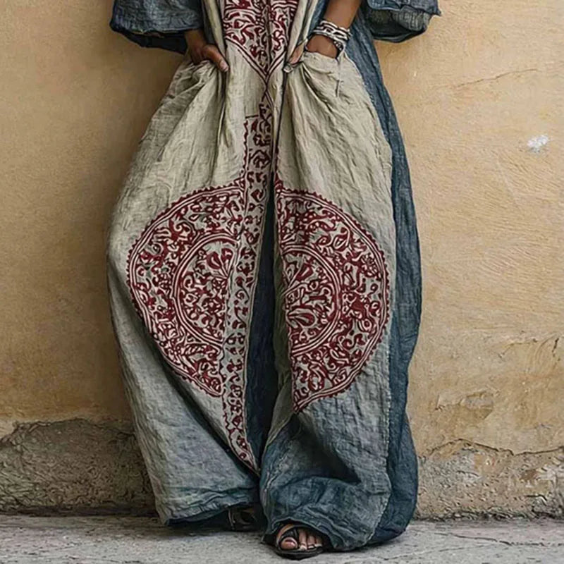 Womens Boho Ethnic Print Oversized Jumpsuit V Neck Batwing Wide Leg Long Pantsuit New Vintage Loose Vacation Romper With Pockets