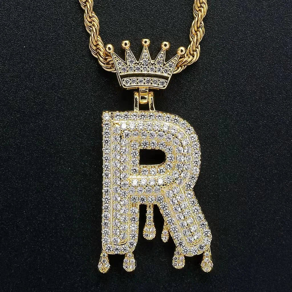 Hip Hop Iced Out Bling Cubic A-Z Drip Crown Zircon Initial Letters Necklaces Pendant Necklace Chain Men Jewelry with Rope Chain