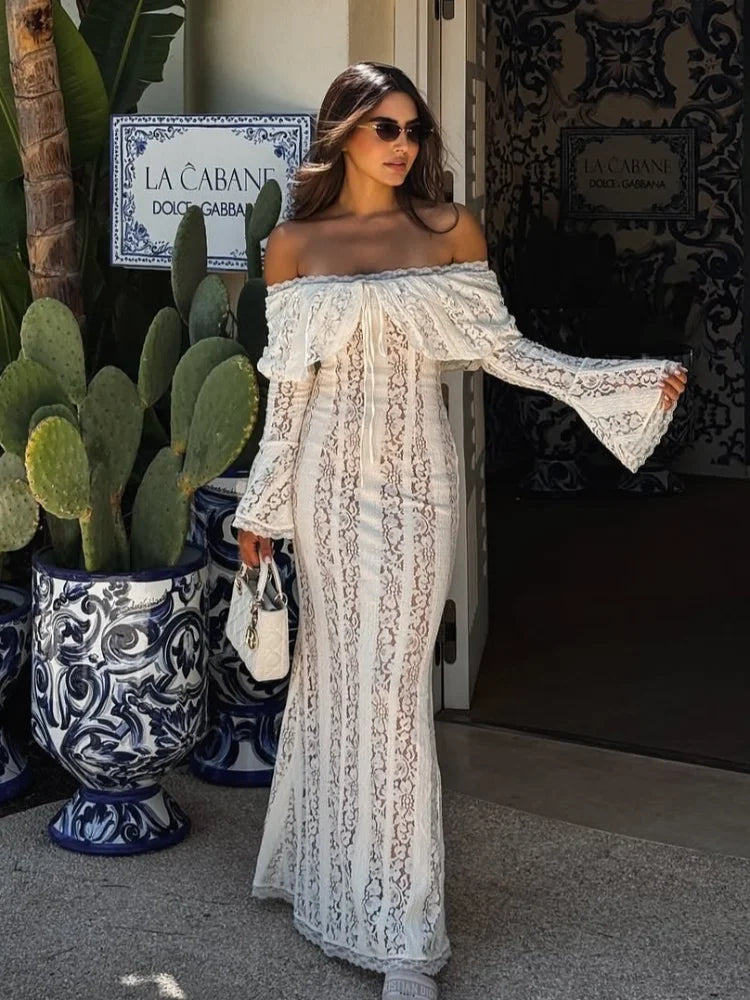 White Lace Flare Off Shoulder Dress Women Elegant Sexy Hollow Out Long Sleeve Slim Dresses 2026 Spring Lady Mermaid Floor Robe