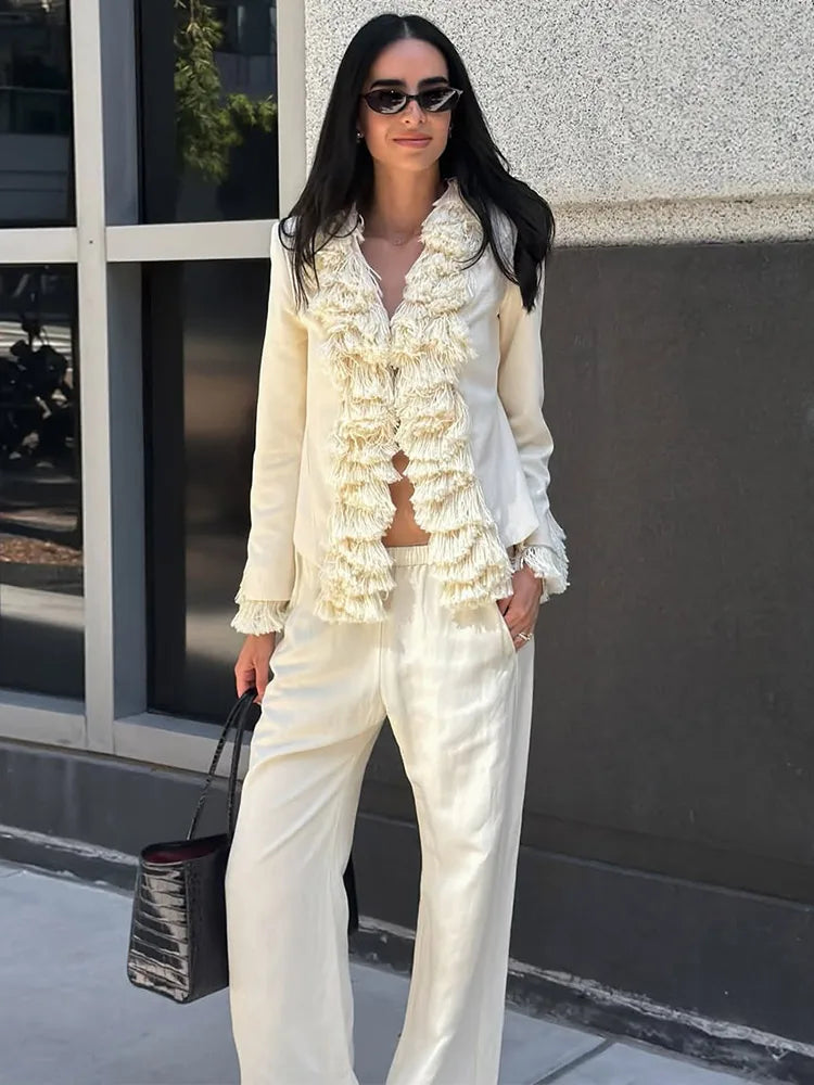 Fashion Solid Blended Women's Jacket Irregular Tassel Decoration Open Front Long Sleeves Loose Chic 2026 Autumn New Street Wear