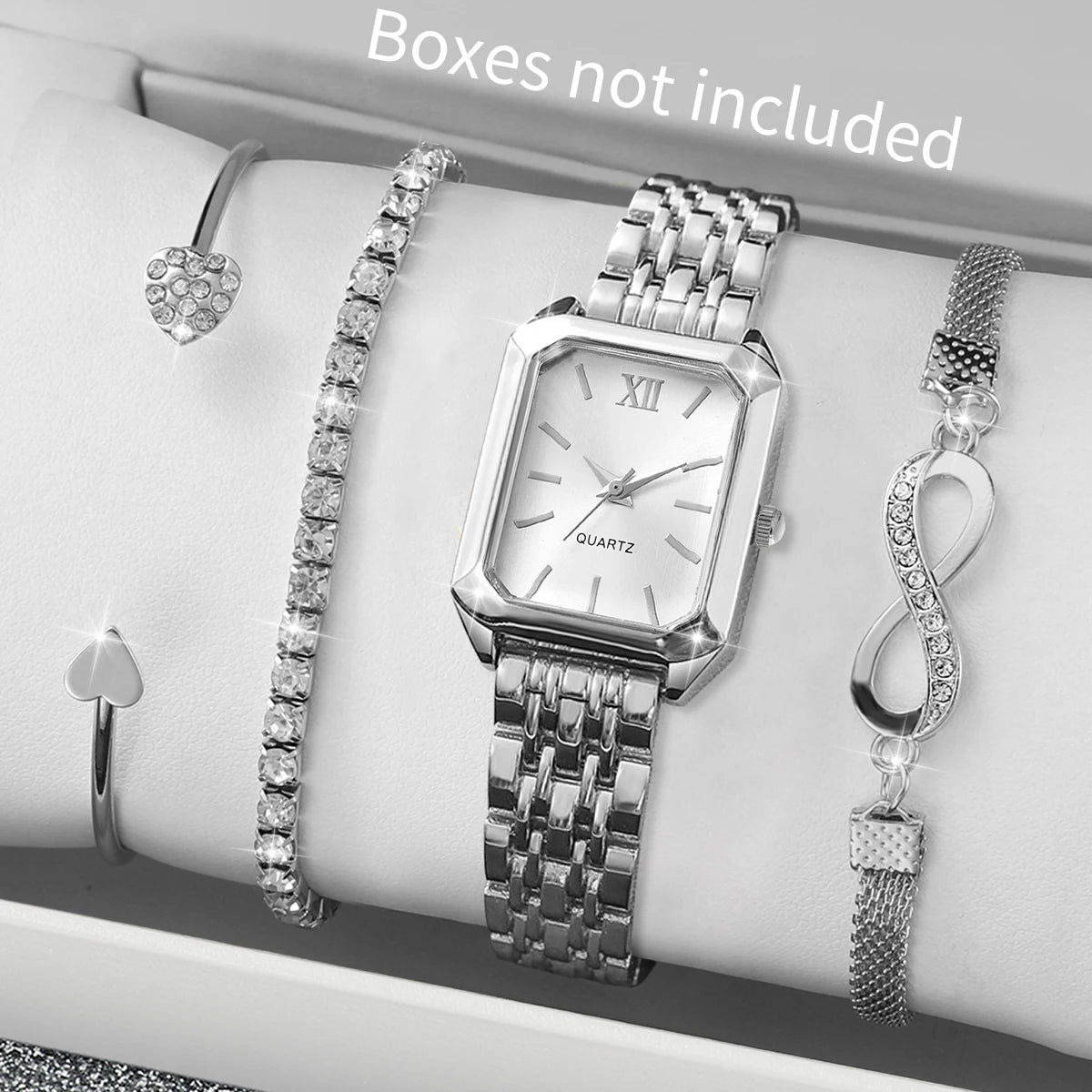 4PCS Fashion Women Watches Rhinestone Bracelets Set Elegant Rectangle Ladies Roma Quartz Wristwatch Reloj Mujer(Without Box)