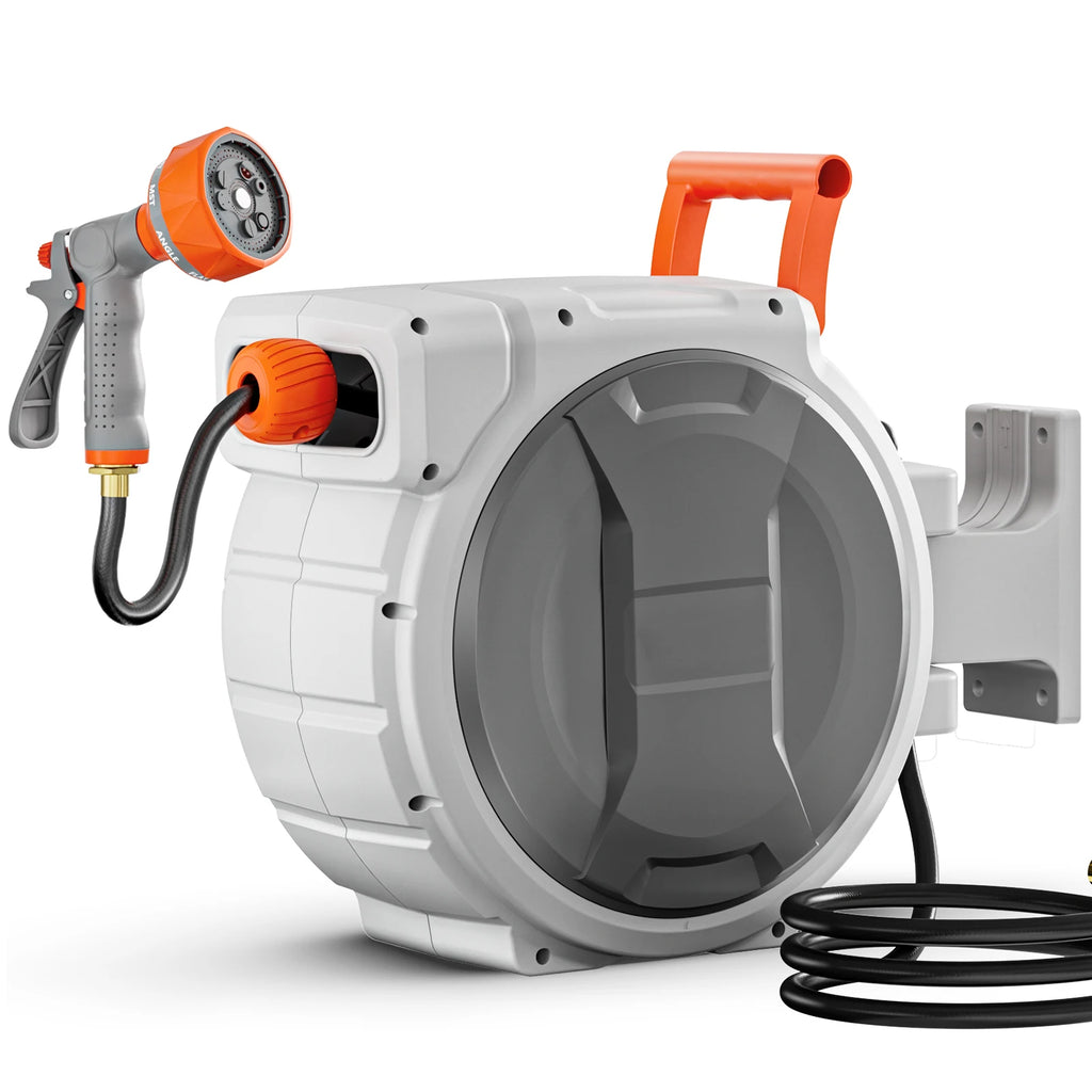 SucceBuy Retractable Garden Hose Reel Wall Mounted Hose Reel Heavy Duty Garden Hose Reel with 9Pattern Nozzle 180°Swivel Bracket