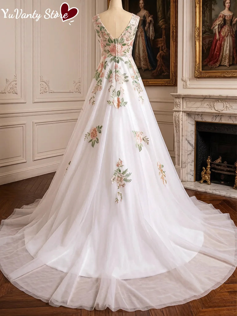 Customized A Line Tulle Wedding Dress Sleeveless V Neck V Back Colorful Floral Embroidery Bridal Gown Beach Wedding Dress