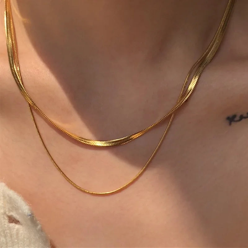 Delicate Double Layer Thin Snake Chain Necklace for Women Sexy Gold Color Cool Clavicle Chain Necklace Aesthetic Y2k Jewelry