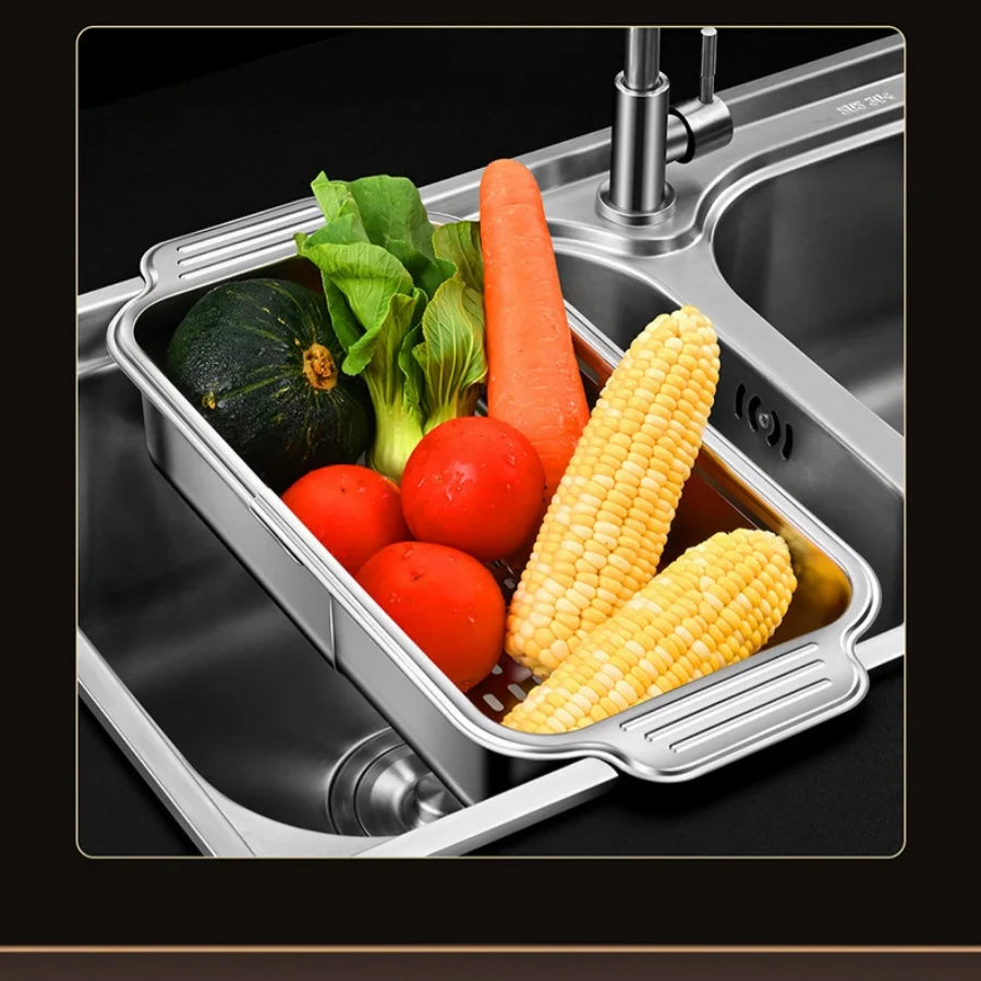 Stainless Steel Telescopic Sink Filter Basket, Adjustable Length, Used for Cleaning Fruits, Draining Spaghetti and Dishes