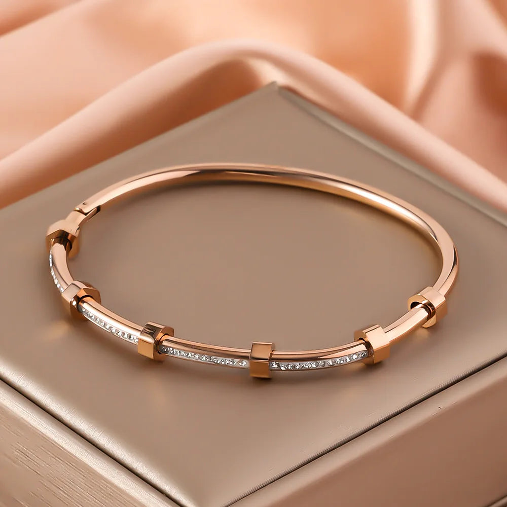 Trendy Round Cubic Zirconia Bangles For Women Men Gold Color Silver Color Stainless Steel Crystal Bangle Party Jewelry