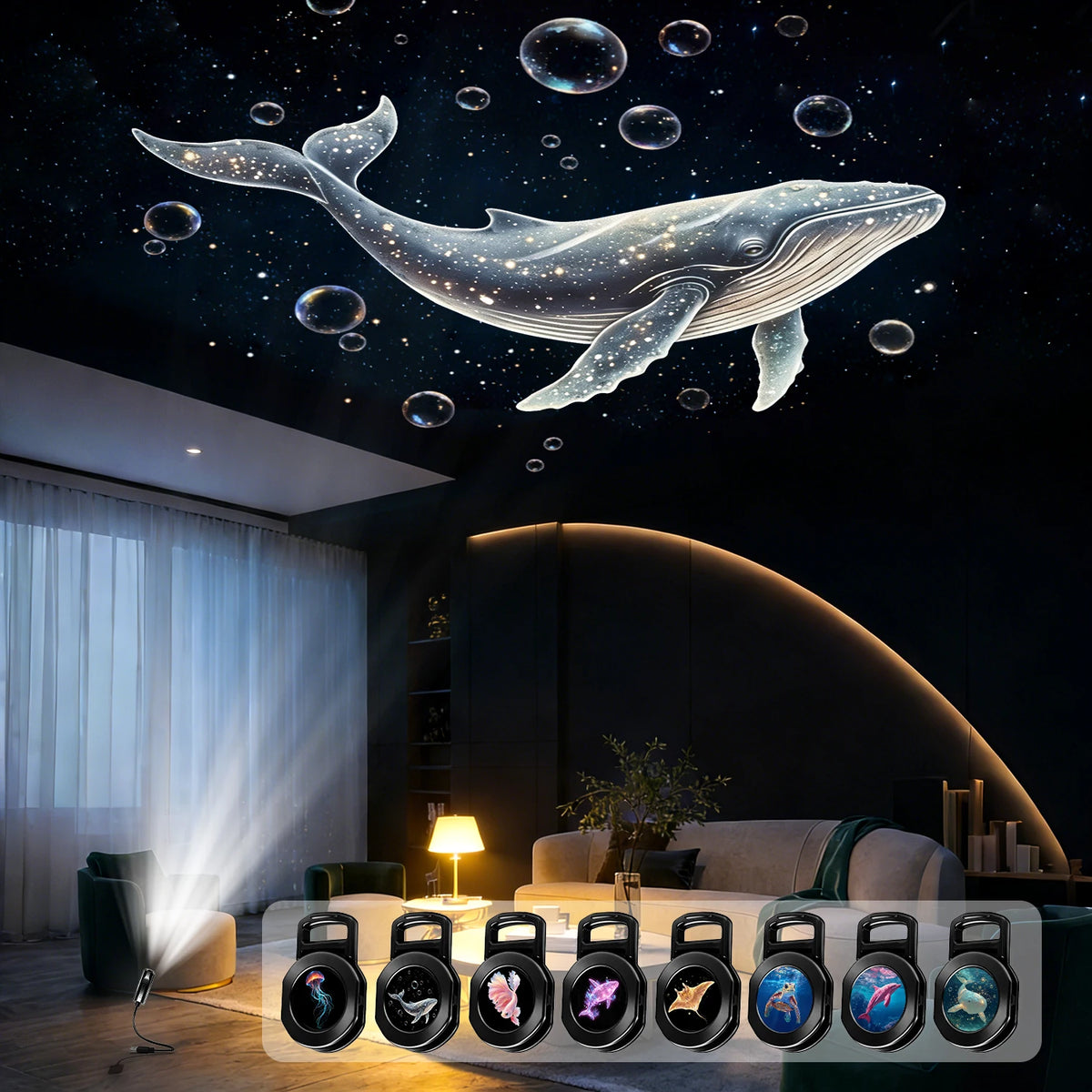 Ocean USB Projector Night Light, 8 Replaceable Lamp Sheets for Ambient Light, Home Bedroom Ceiling Projector Light