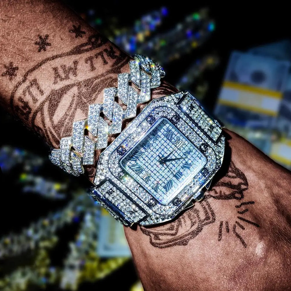 3pcs Men's Watch Set Hip-hop Punk Inlay Diamond Square Watch+Cuban Chain+Bracelet Comes With Strap Adjuster Stylish Jewelry Gift