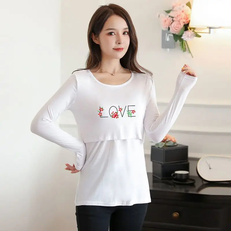 2025 Autumn Long Sleeve O-neck Postpartum Women Nursing T-shirt Maternity Breastfeeding Top Pregnancy Lactation Tees 7 Colors