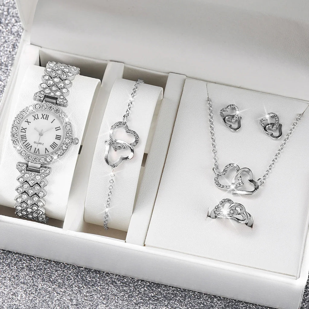 6PCS/Set Luxury Women Watches Fashion Rhinestone Roma Dial Bracelet Band Quartz Watch Jewelry Set Reloj Mujer（Without Box）