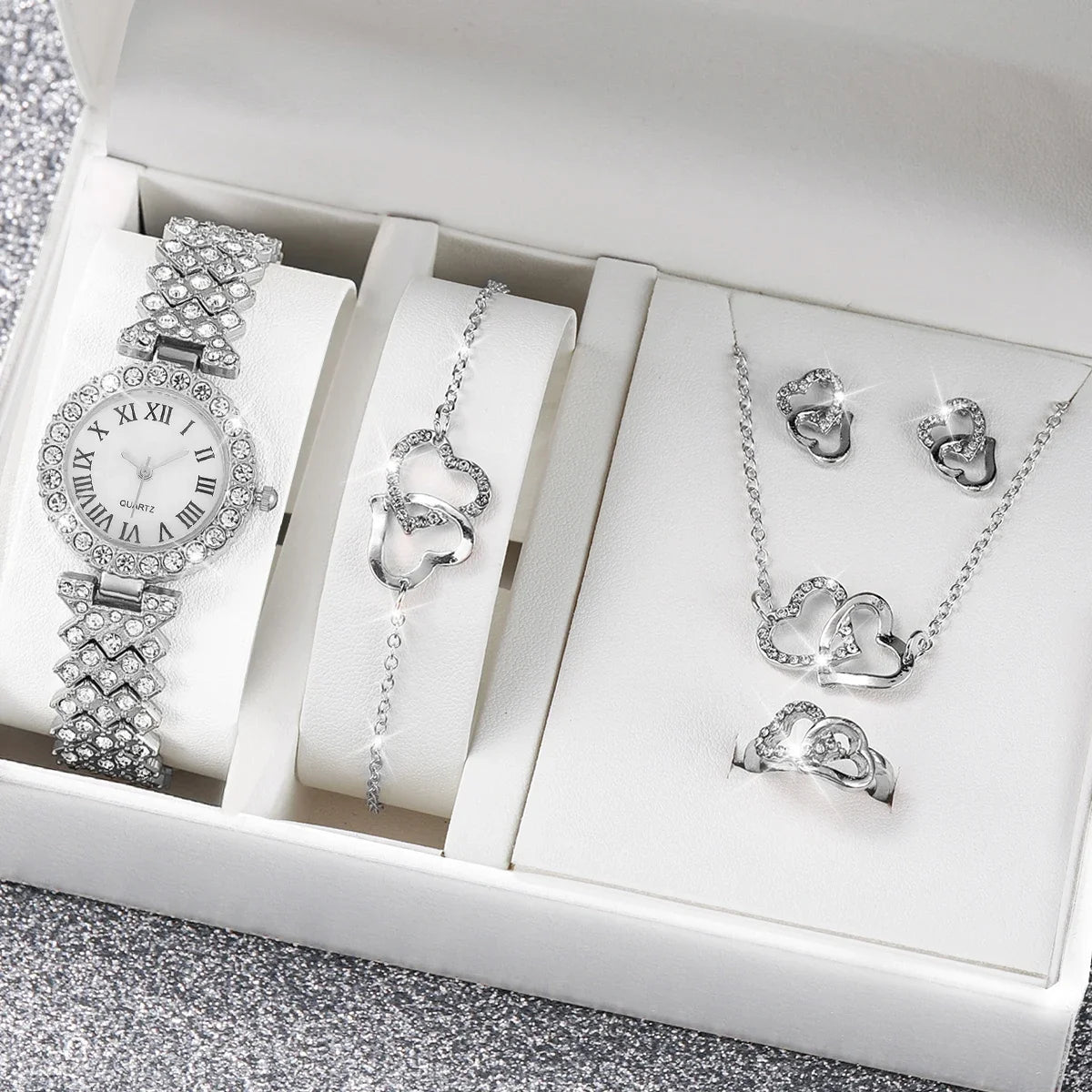 6PCS/Set Luxury Women Watches Fashion Rhinestone Roma Dial Bracelet Band Quartz Watch Jewelry Set Reloj Mujer（Without Box）