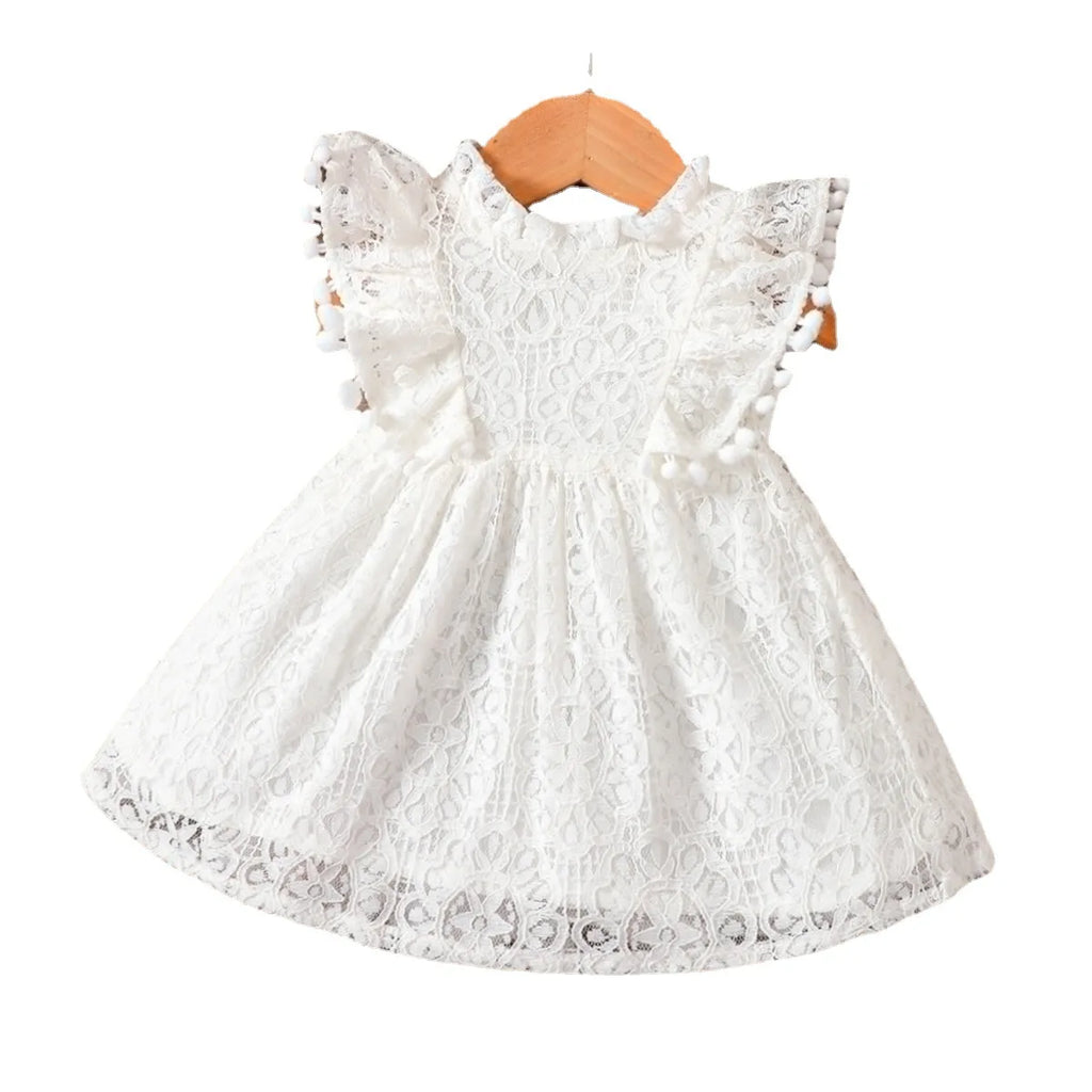 Summer New Baby Girl Solid Color Flying Sleeve Princess Dress Small Ball Lace Lace Cute Dress