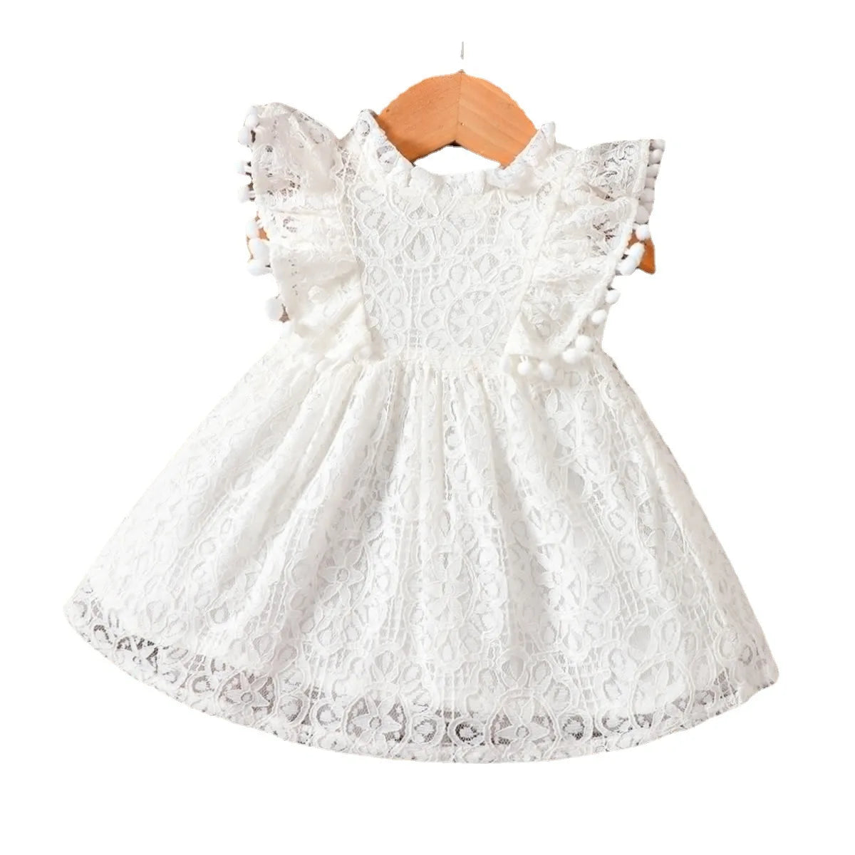 Summer New Baby Girl Solid Color Flying Sleeve Princess Dress Small Ball Lace Lace Cute Dress