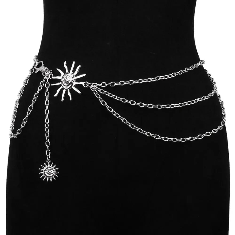 Punk Hip Hop Style Thin Waist Chain Sun Moon Star Women Chain Belt Vintage Fashion Metal Alloy Waistband Clothing Accessories