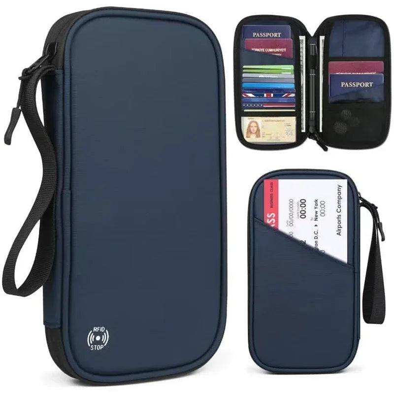 Lightweight Family Travel Passport Cover Wallet Zipped Oxford Document Organizer Bag with Detachable Wrist Strap for Women Men