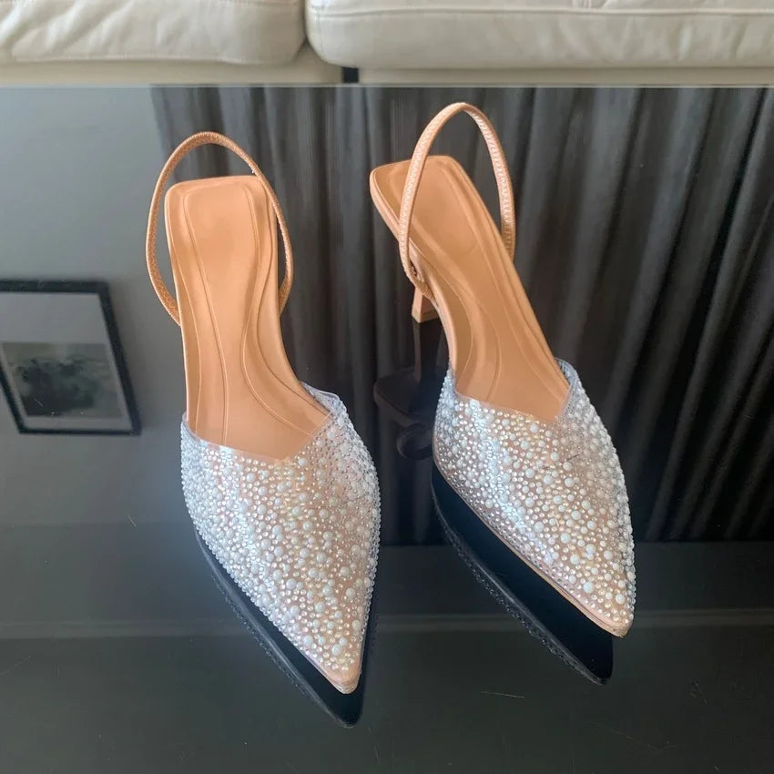 2024 Fashion Summer Women High Heels Pearl Decoration Slingback Woman Pumps Pointed Toe High Heels Sandals Elegant Woman Shoes