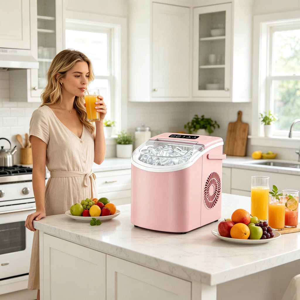 Portable countertop ice maker with a handle, produces 29 pounds of ice in 24 hours and 9 ice cubes in 6 minutes; comes with a ba