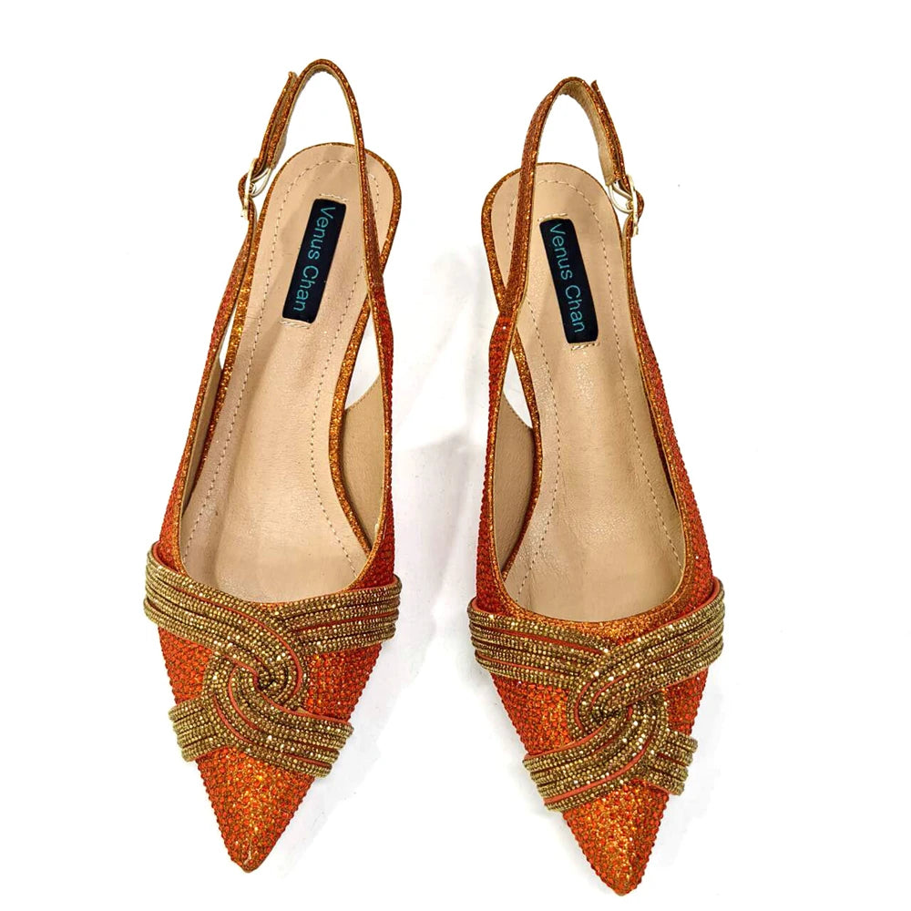 Venus Chan 2024 Special Design High Quality Orange Color African Women Shoes and Bag Set with Shinning Crystal for Wedding Party