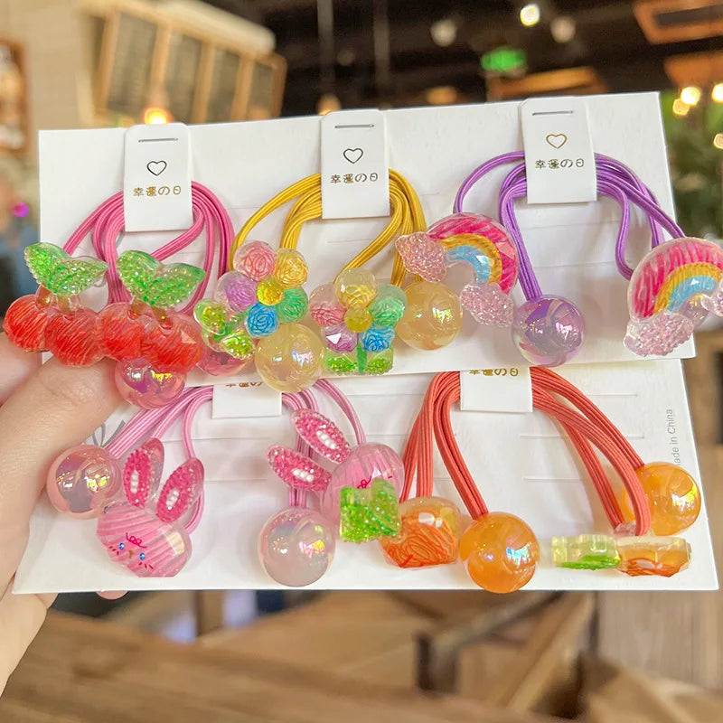 2PCS Colorful Hand-painted Graffiti Fruits Girls Kids Elastic Hair Bands Cute Hair Accessories Children Hair Ties Baby Headwear
