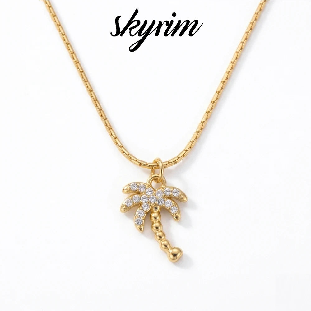 Skyrim Clear Zircon Coconut Tree Pendant Necklace Stainless Steel Gold Color Chain Choker for Women Plant Jewelry Wholesale